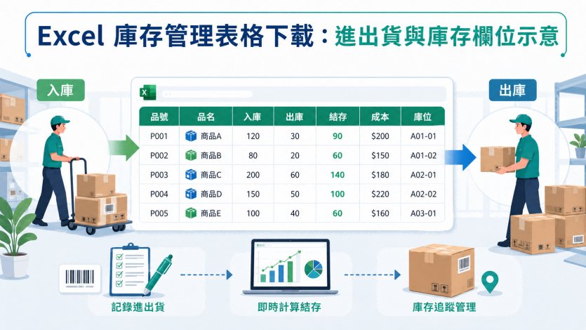 Excel庫存管理表格下载：進出貨與庫存欄位示意