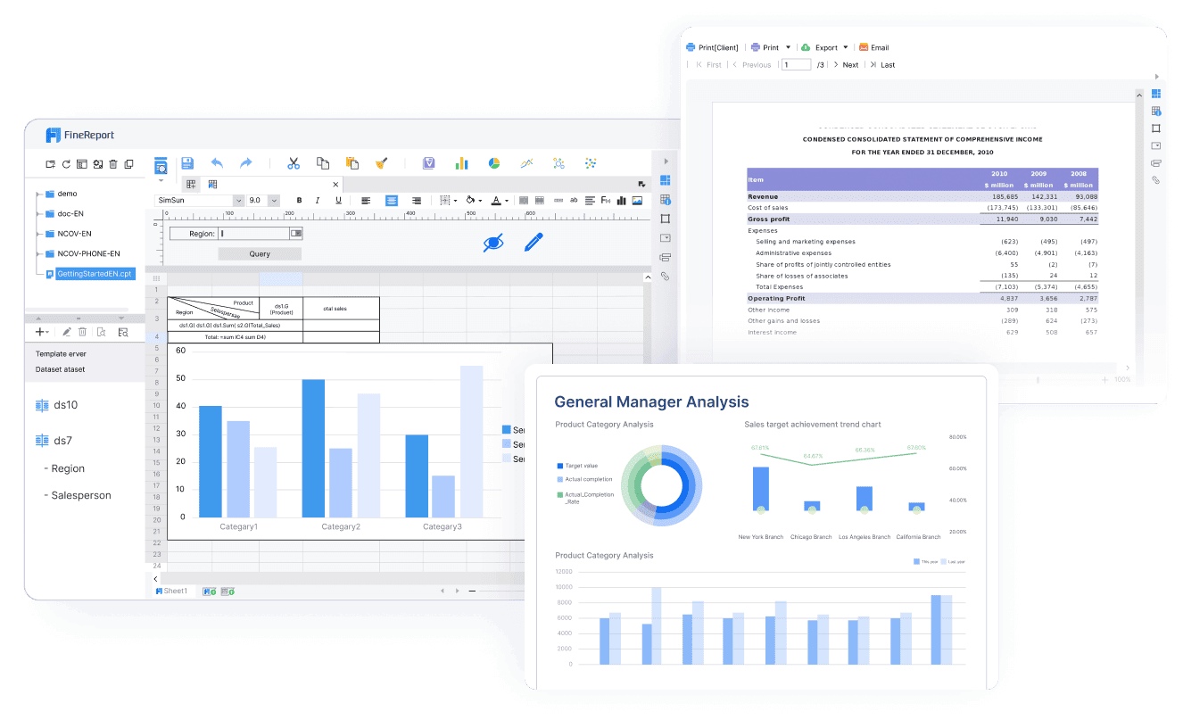 FineReport интегрирует все эти системы и собирает данные в единый центр отчётности.