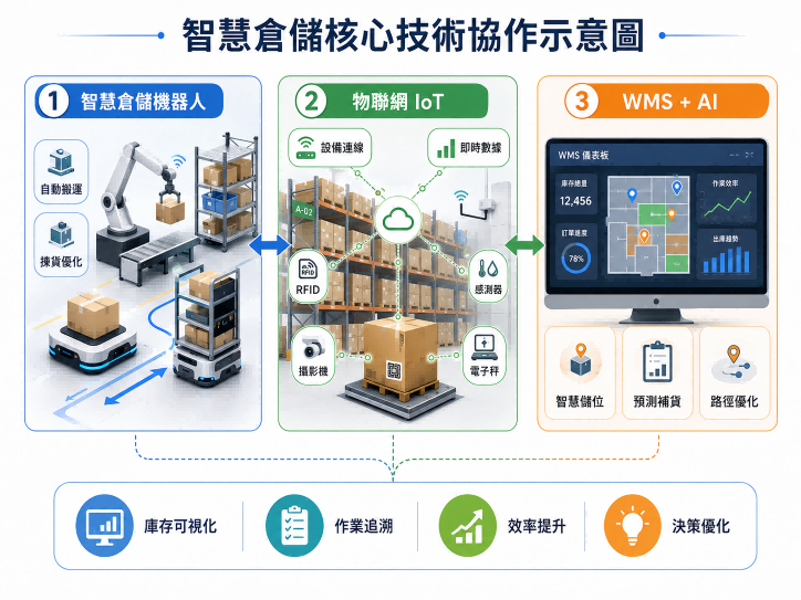智慧倉儲核心技術協作示意圖