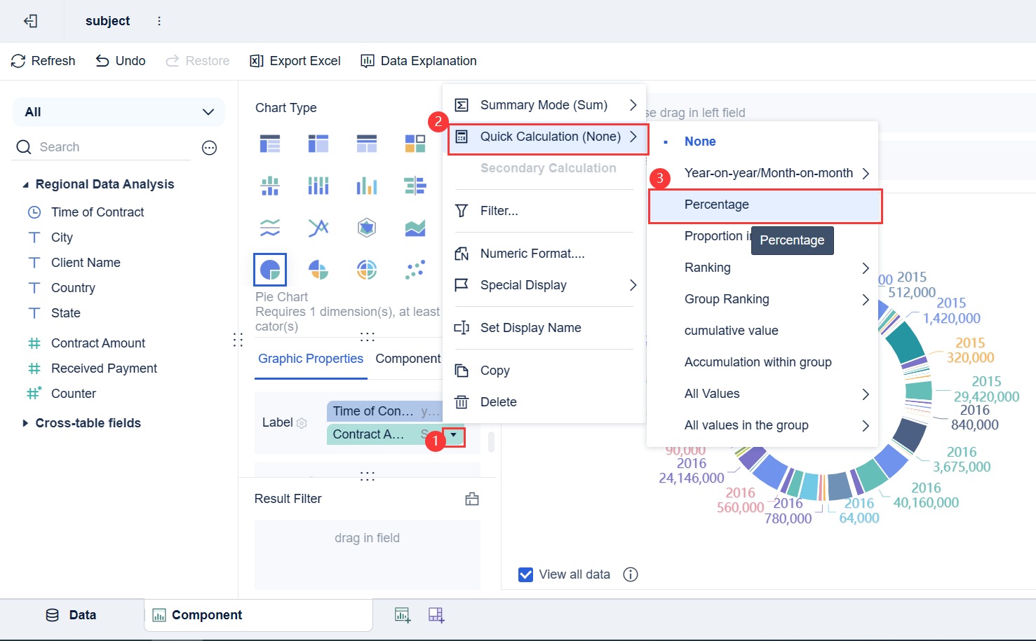 круговая диаграмма в FineBI для быстрой визуализации данных, настройки параметров и подготовки наглядных бизнес-отчётов для анализа показателей
