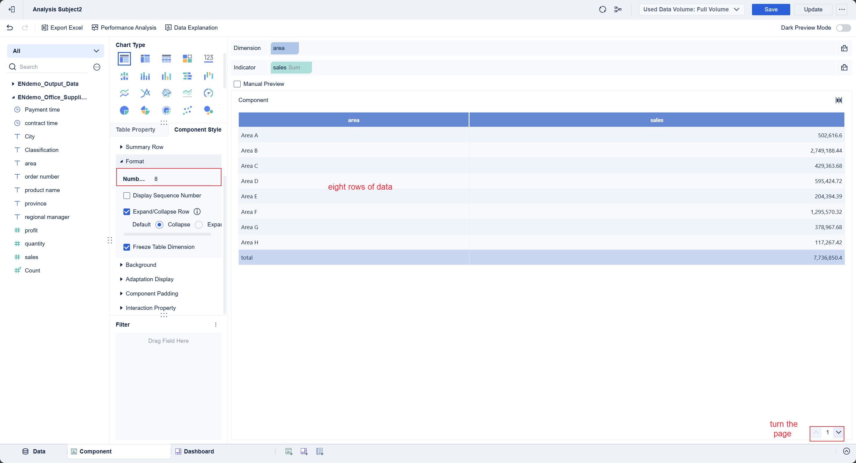 Number of Rows/Columns Per Page Setting of FineBI