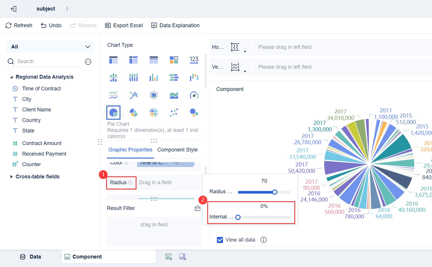 круговая диаграмма в FineBI для быстрой визуализации данных, настройки параметров и подготовки наглядных бизнес-отчётов для анализа показателей